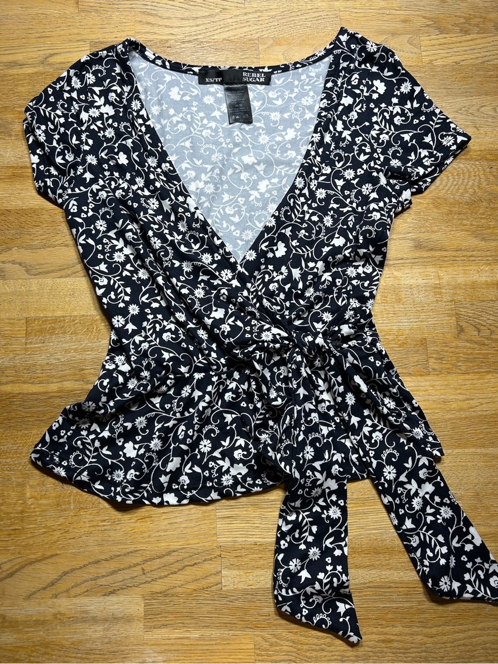 Rebel Sugar Black & White Floral Wrap Top